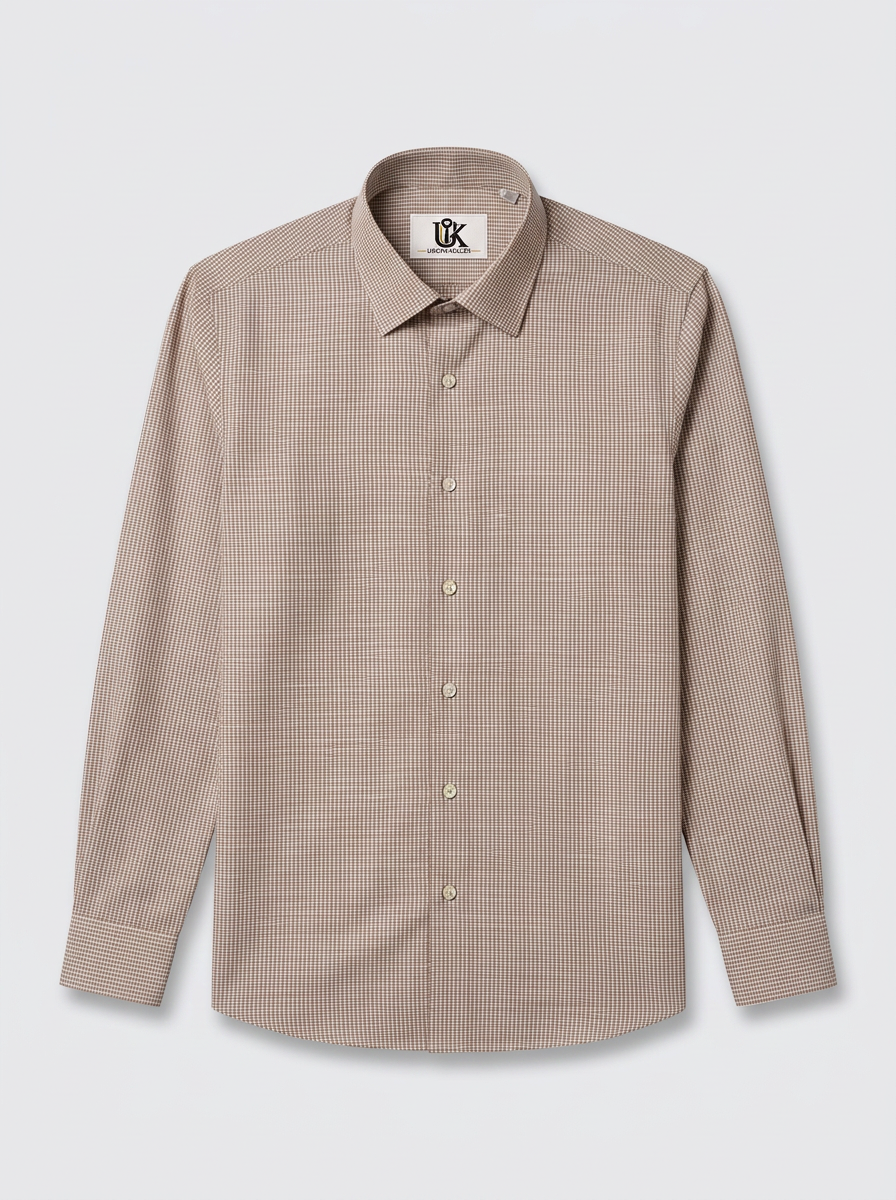 Men’s Light Taupe Beige Micro Check Regular Fit Formal Casual Shirt, Full & Half Sleeve