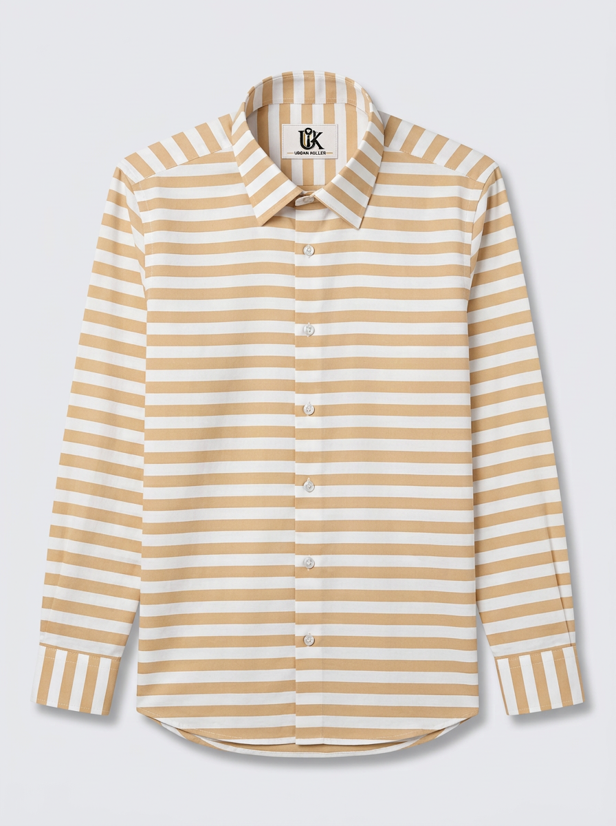 Men's White & Beige Horizontal Striped Regular Fit Formal Shirt | Full & Half Sleeve