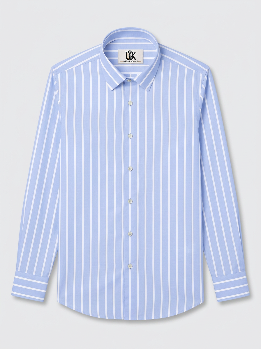 Men's Sky Blue & White Vertical Striped Regular Fit Formal Shirt | Full & Half Sleeve