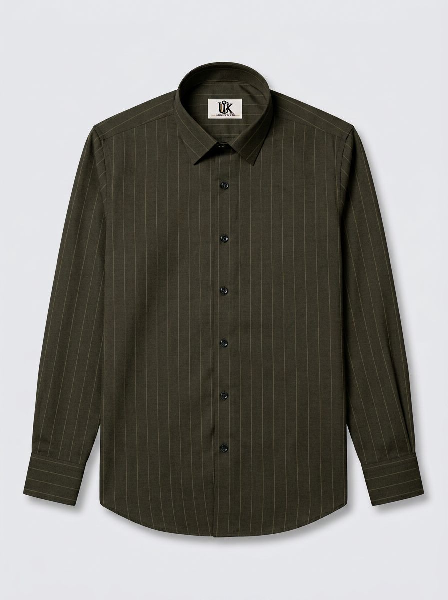 Men's Dark Olive Green Pinstripe Shirt Regular Fit Premium Formal Business Casual Wear