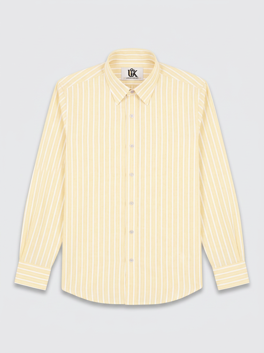 Men’s Butter Yellow & White Pinstripe Regular Fit Formal Shirt | Full & Half Sleeve