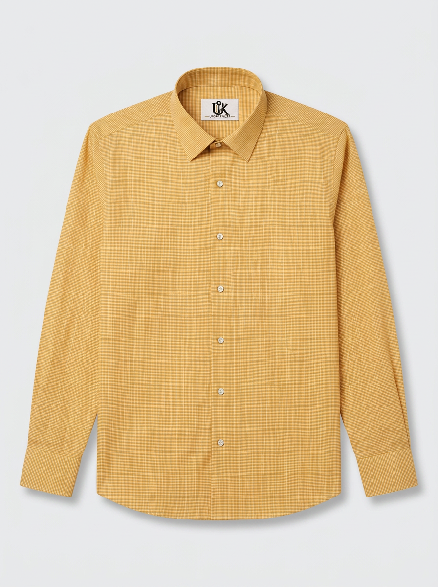 Men’s Mustard Yellow Micro Check Regular Fit Formal Casual Shirt, Full & Half Sleeve