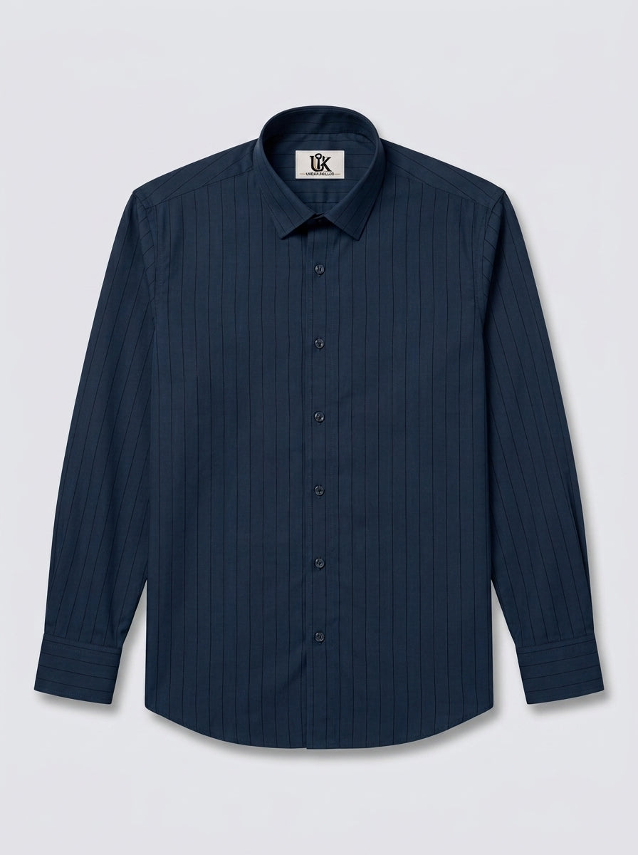 Men's Navy Blue Pinstripe Shirt Regular Fit Premium Formal Business Casual Wear