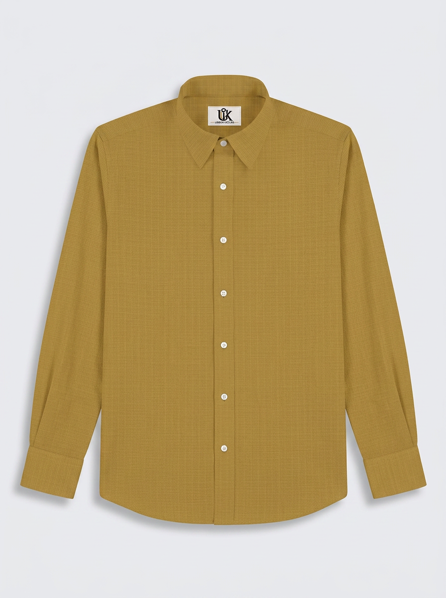 Men’s Antique Mustard Gold Textured Regular Fit Formal Casual Shirt, Full & Half Sleeve