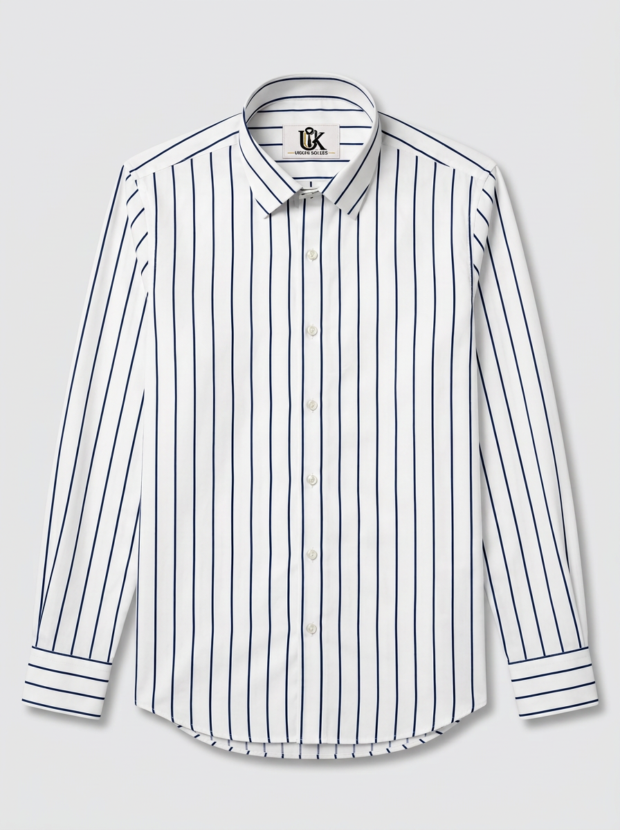 Men's White Navy Blue Stripe Shirt Regular Fit Premium Formal Casual Wear