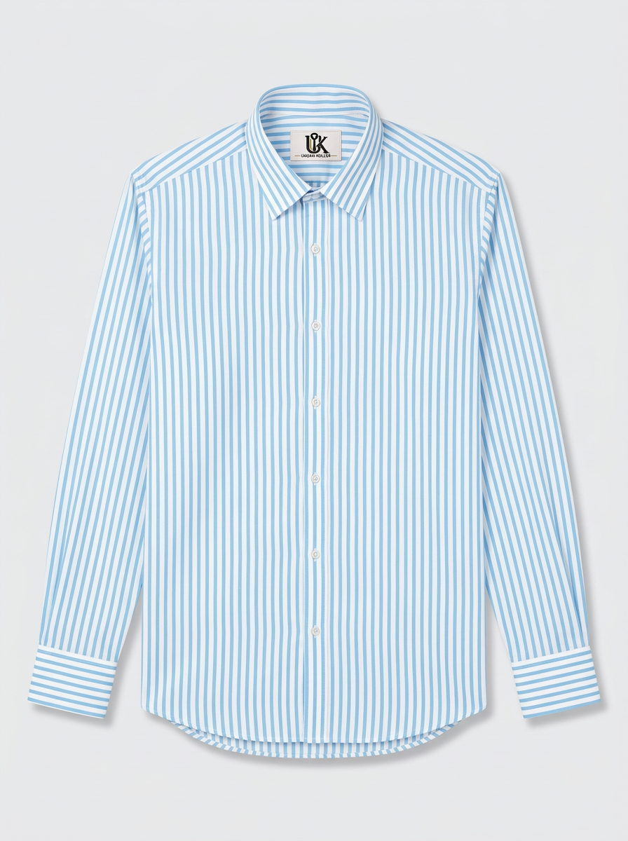 Men's Light Sky Blue & White Vertical Striped Regular Fit Formal Shirt | Full & Half Sleeve