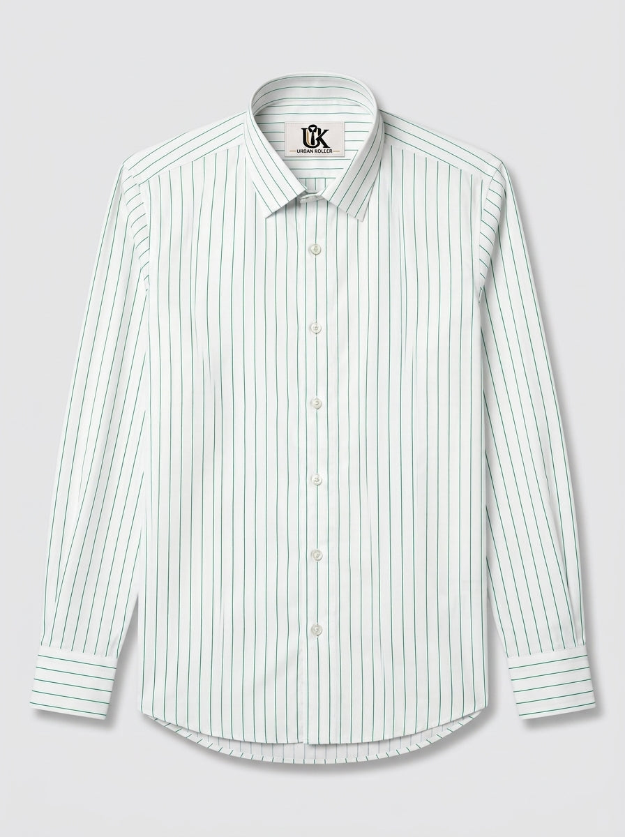 Men's White Green Pinstripe Regular Fit Formal Shirt | Full & Half Sleeve