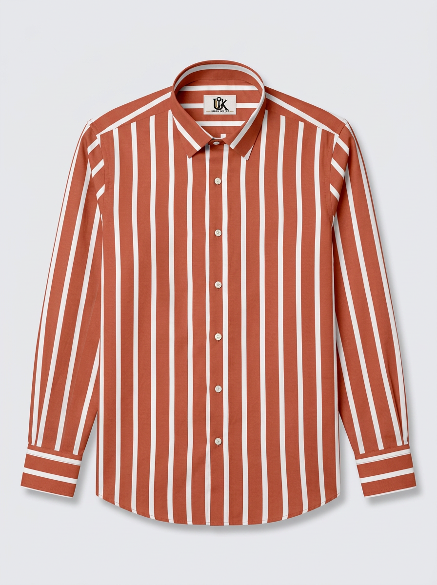Men's Rust Orange & White Striped Regular Fit Formal Shirt | Full & Half Sleeve