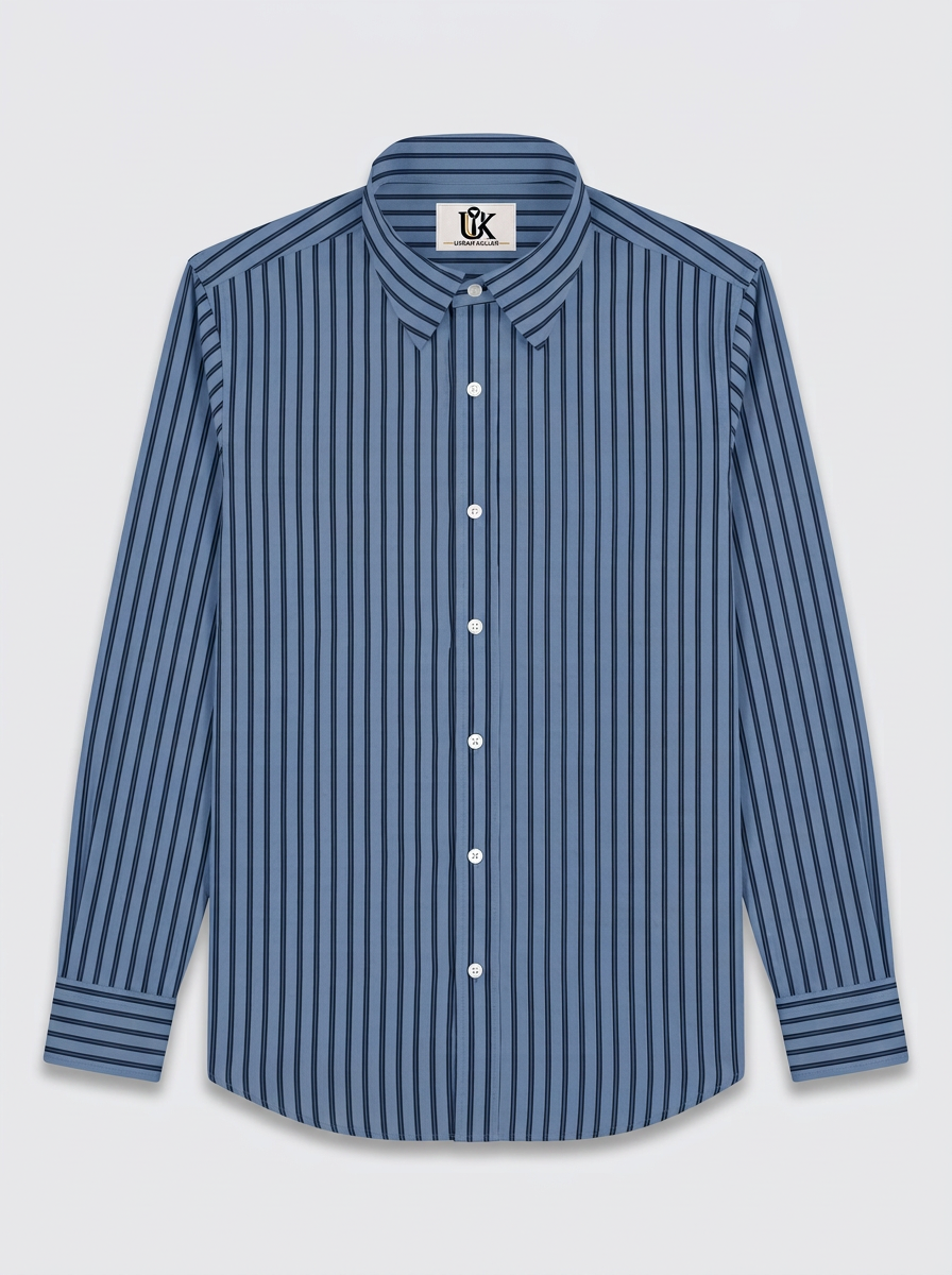 Men's Steel Blue & Navy Vertical Striped Regular Fit Formal Shirt | Full & Half Sleeve