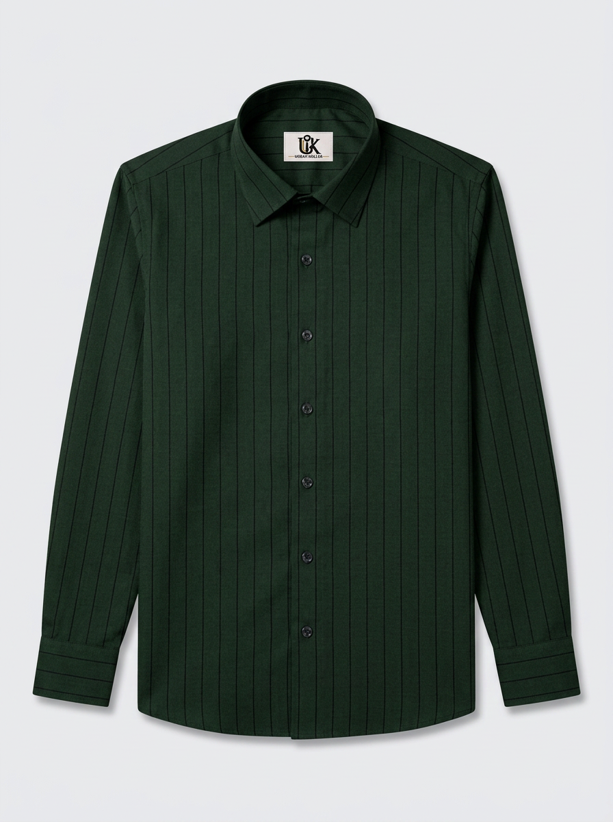 Men's Dark Forest Green Pinstripe Shirt Regular Fit Premium Formal Casual Wear
