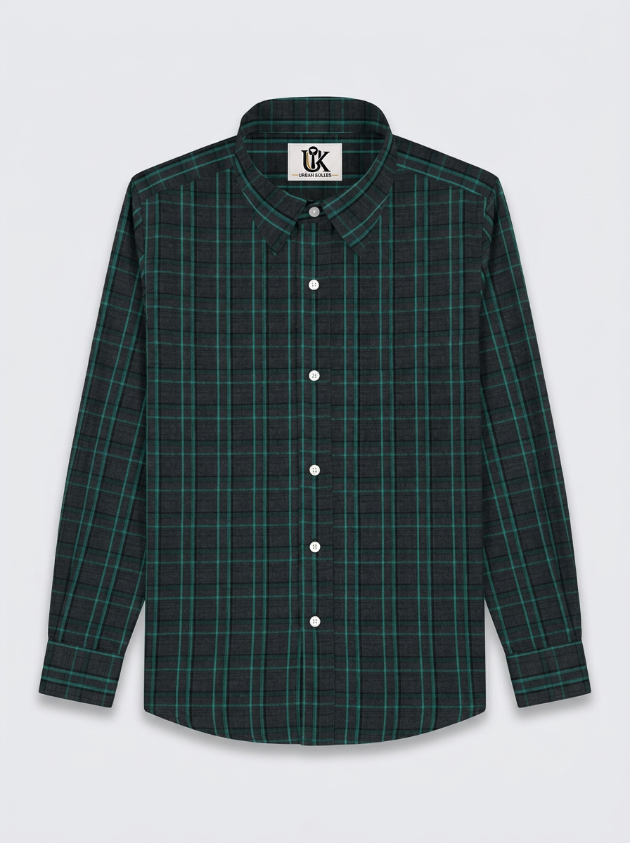 Men's Charcoal Grey & Emerald Green Checked Regular Fit Formal Shirt | Full & Half Sleeve
