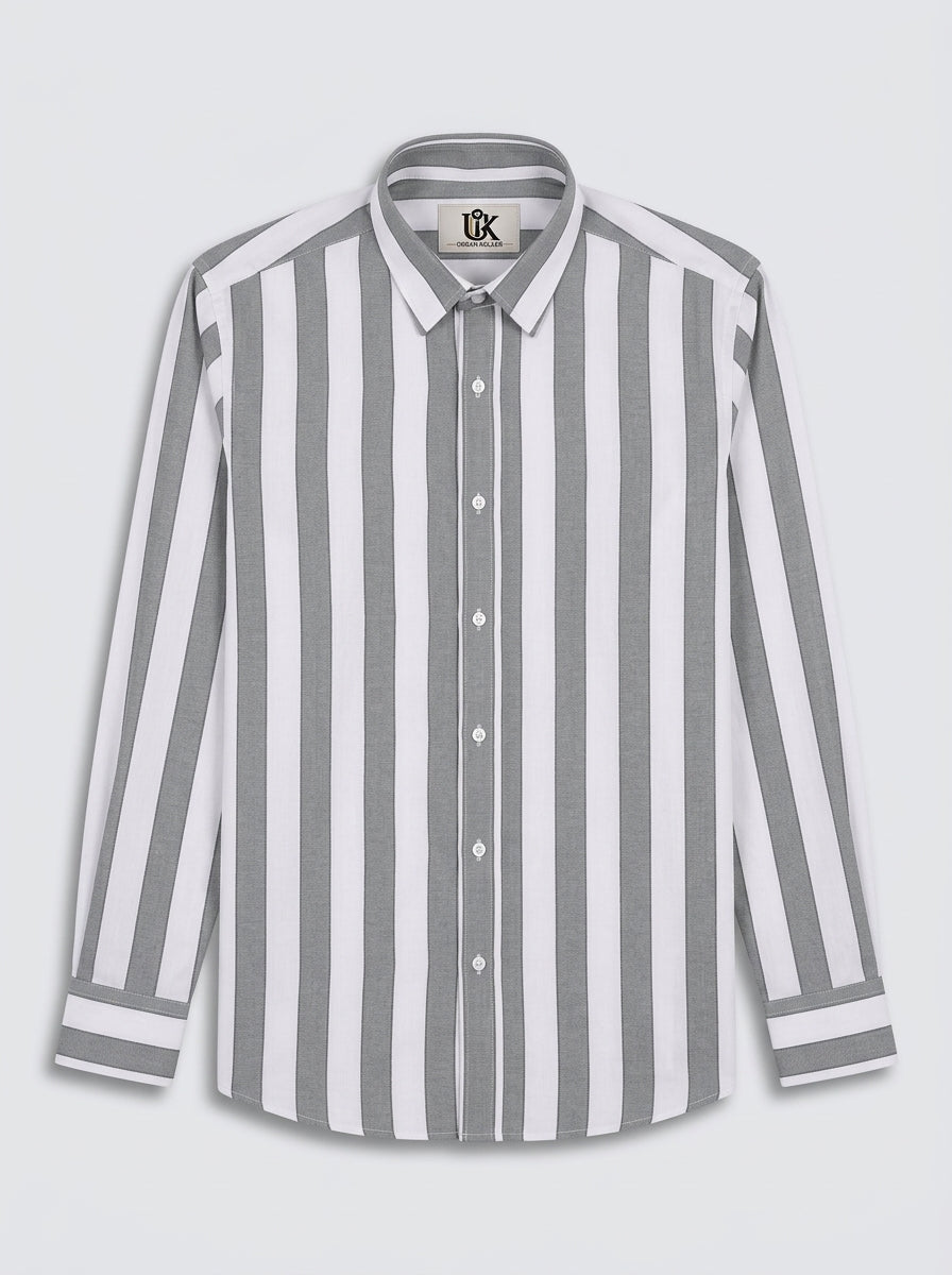 Men's White & Grey Vertical Striped Regular Fit Formal Shirt | Full & Half Sleeve