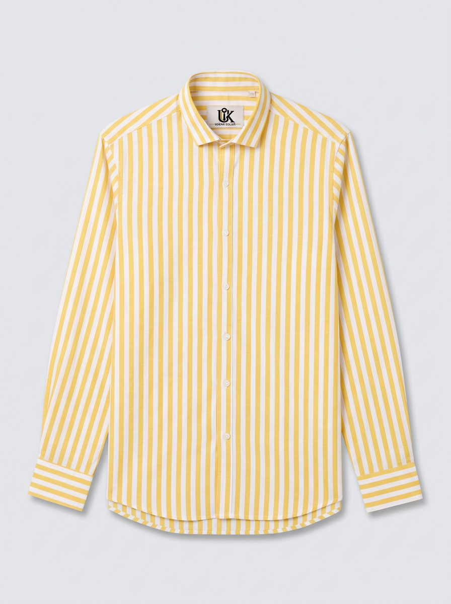 Men's Mustard Yellow & White Striped Regular Fit Formal Shirt | Full & Half Sleeve