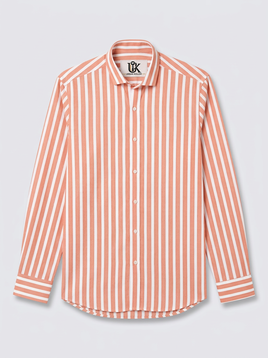 Men's Coral Peach & White Striped Regular Fit Formal Shirt | Full & Half Sleeve