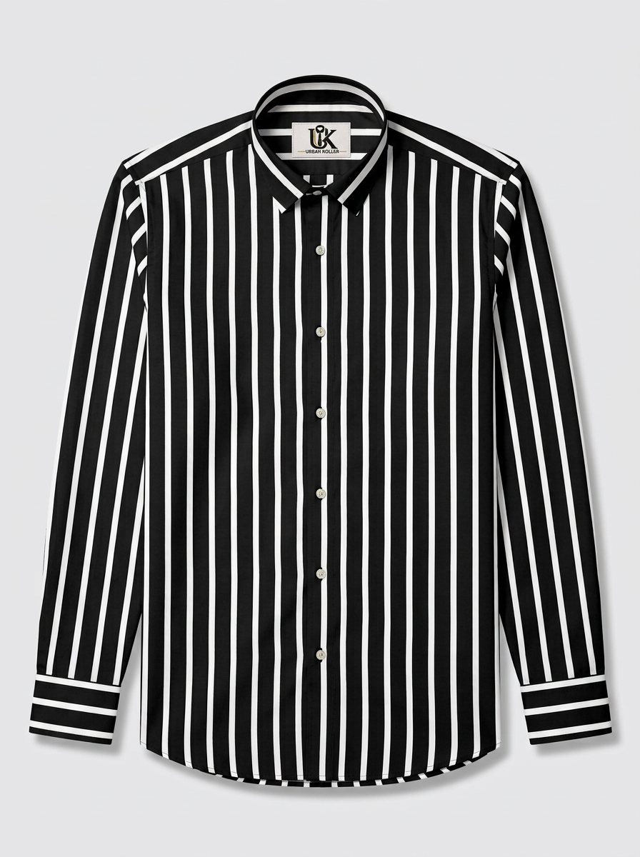 Men's Black & White Striped Regular Fit Formal Shirt | Full & Half Sleeve