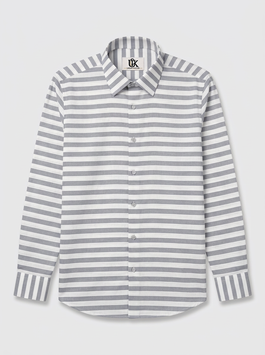 Men's White & Grey Horizontal Striped Regular Fit Formal Shirt | Full & Half Sleeve