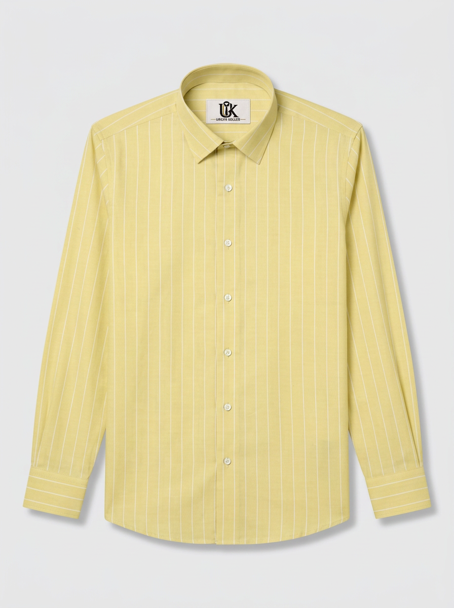 Men's Pastel Yellow White Pinstripe Shirt Regular Fit Premium Formal Casual Wear