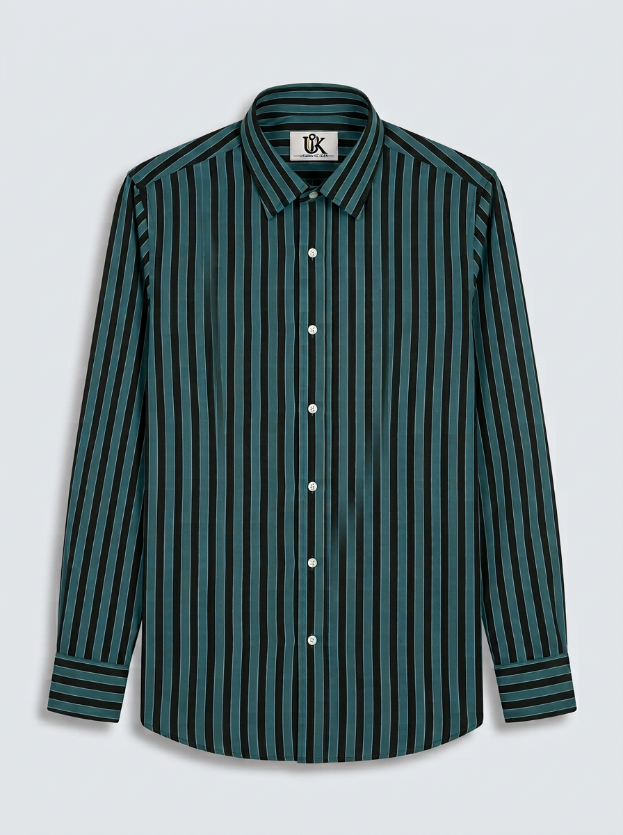 Men's Teal Green & Olive Vertical Striped Regular Fit Formal Shirt | Full & Half Sleeve