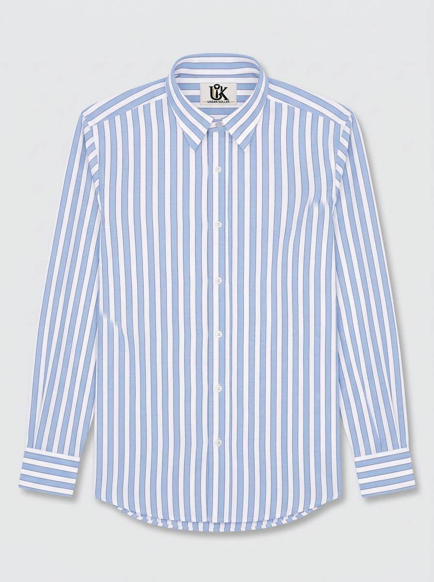 Men's Sky Blue & White Vertical Striped Regular Fit Formal Shirt | Full & Half Sleeve