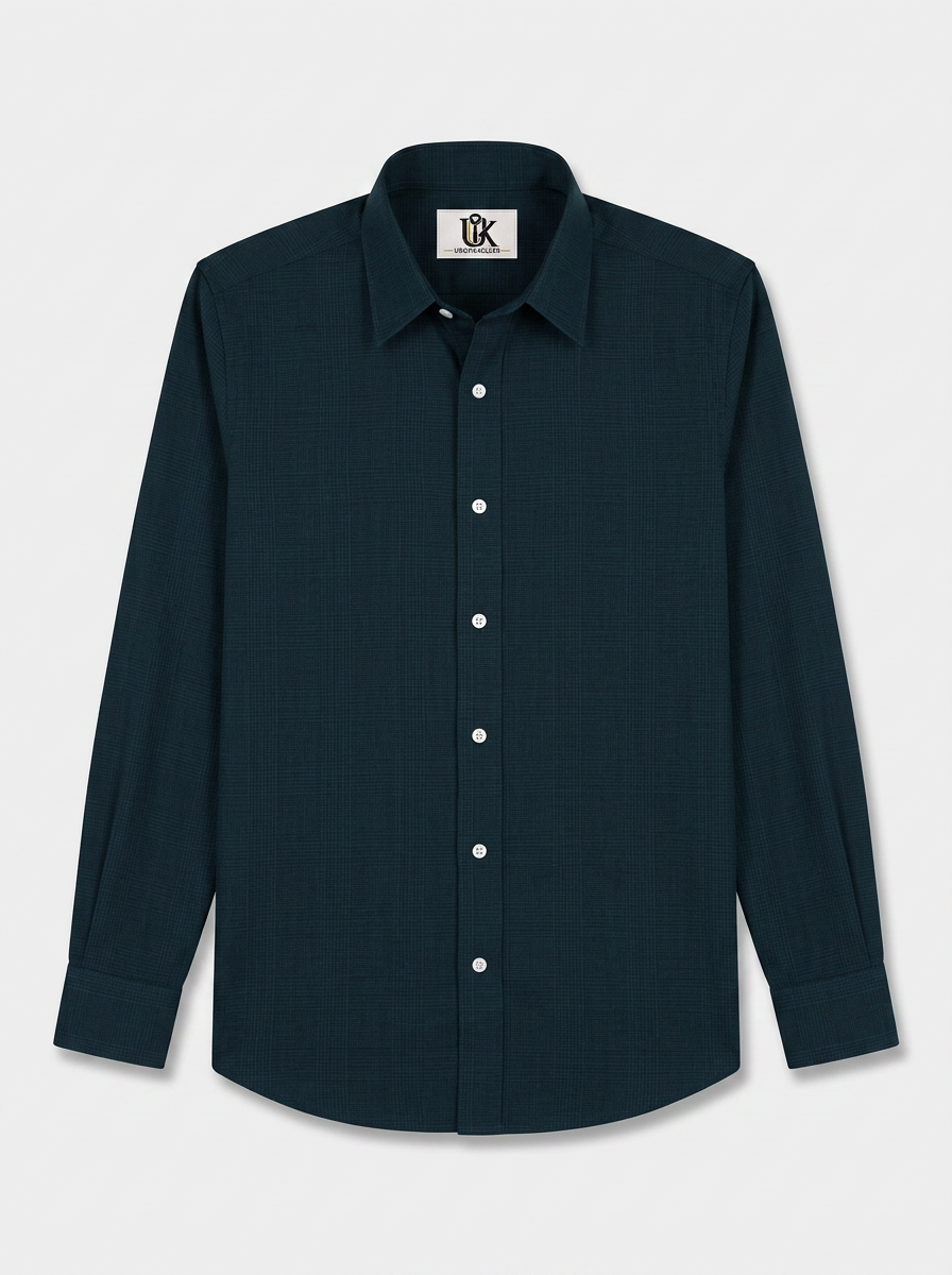 Men’s Deep Teal Blue Textured Regular Fit Formal Casual Shirt, Full & Half Sleeve