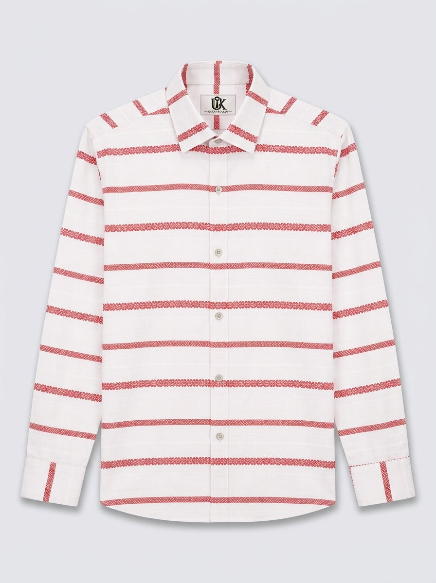 Men's Off White & Coral Red Windowpane Checked Regular Fit Formal Shirt | Full & Half Sleeve