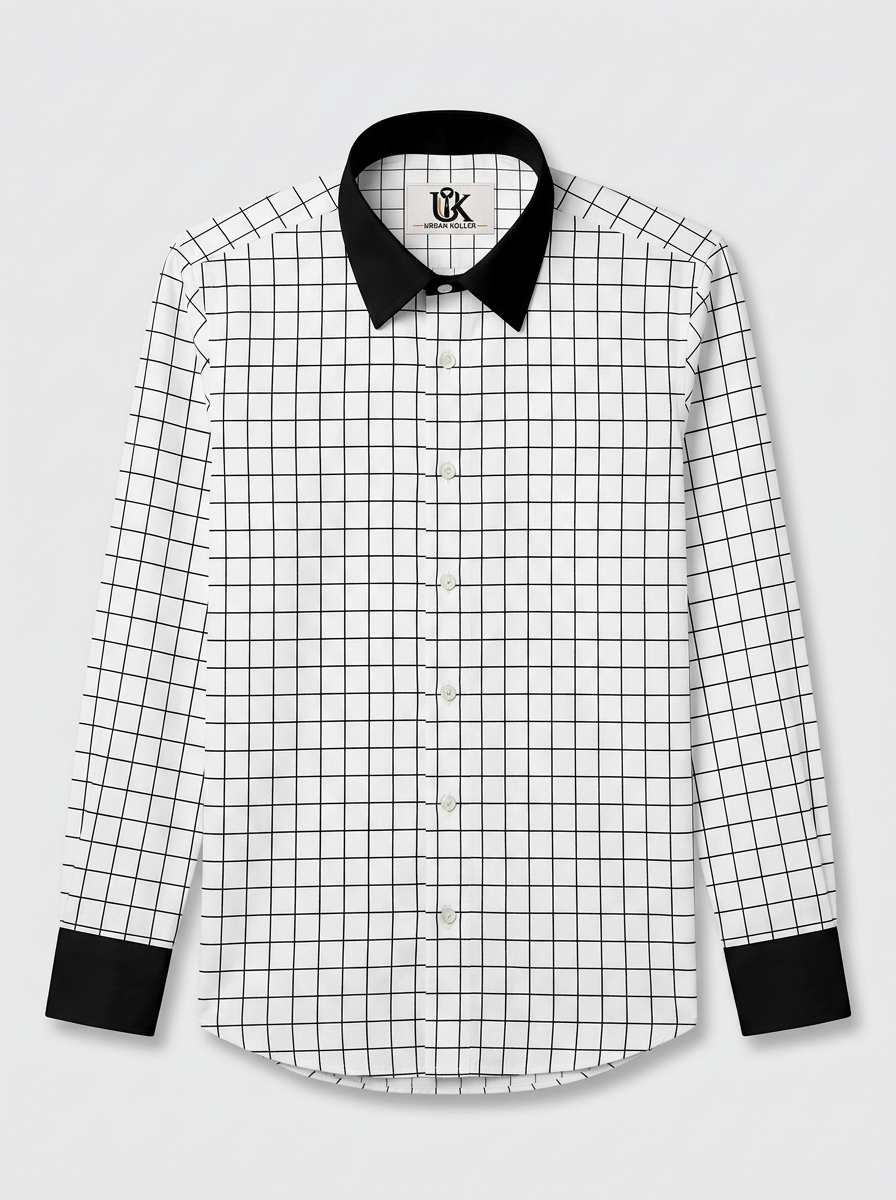 Men's White Black Windowpane Check Shirt Regular Fit Premium Formal Casual Wear