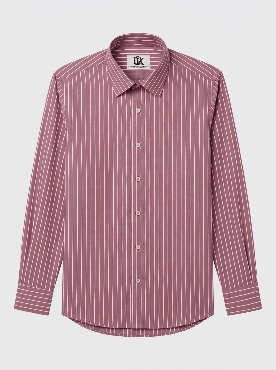 Men's Dusty Rose Pink & White Striped Regular Fit Formal Shirt | Full & Half Sleeve