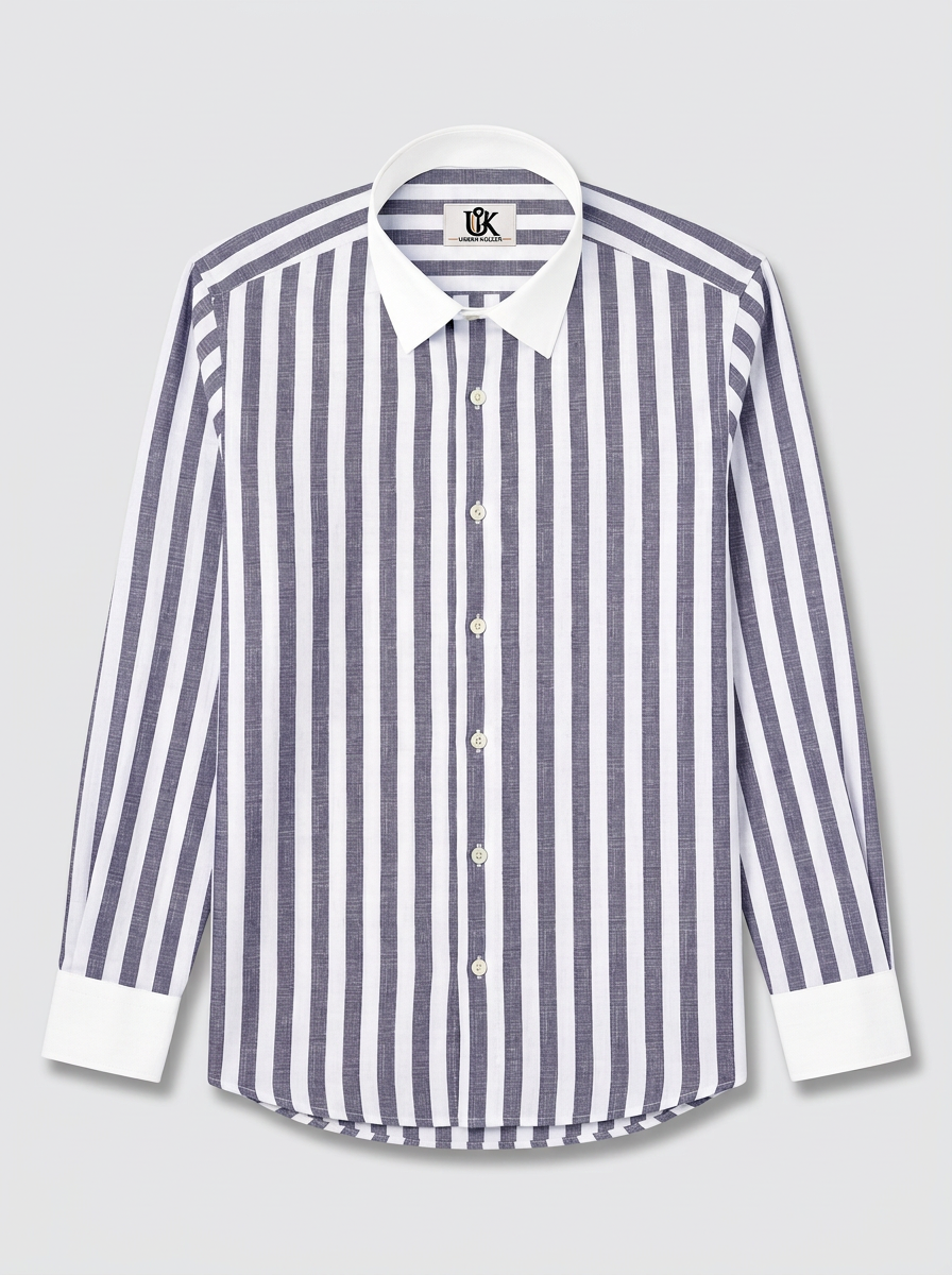 Men's Navy Blue White Bold Stripe Formal Shirt Regular Fit Premium Casual Wear