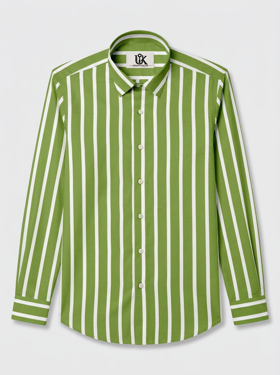 Men's Green & White Vertical Striped Regular Fit Formal Shirt | Full & Half Sleeve