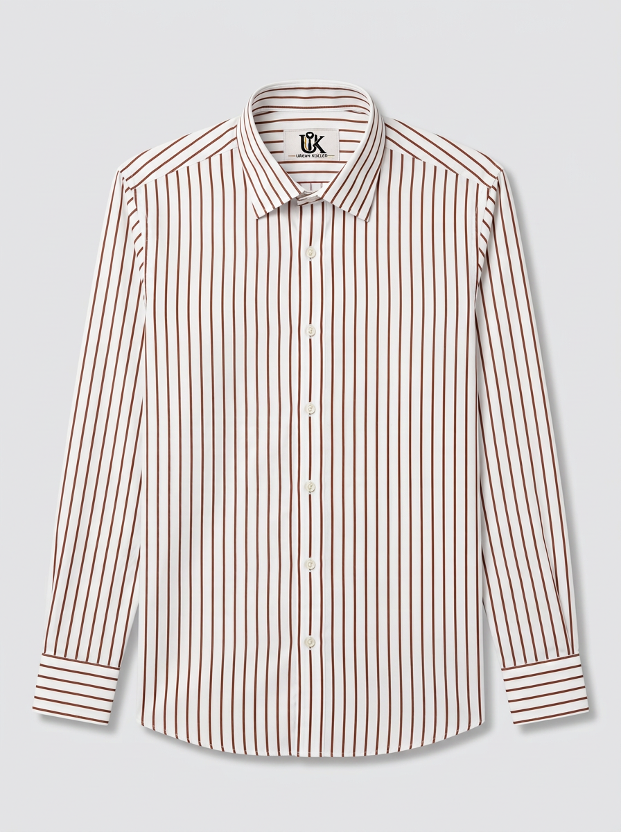 Men’s White & Brown Vertical Stripe Regular Fit Formal Casual Shirt, Full & Half Sleeve