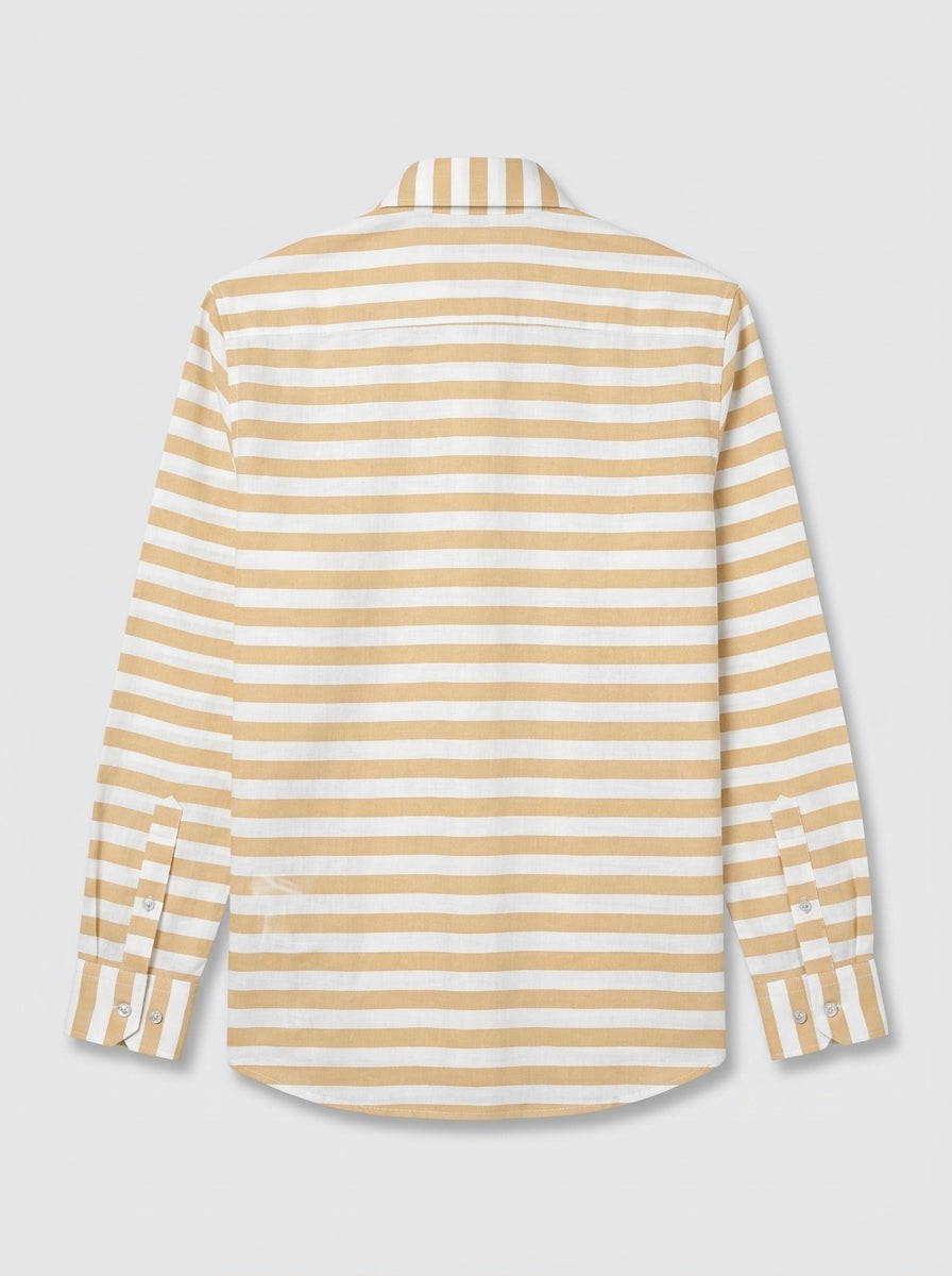 Men's White & Beige Horizontal Striped Regular Fit Formal Shirt | Full & Half Sleeve