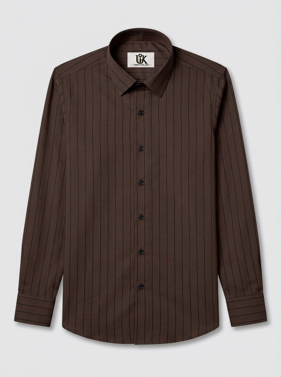 Men's Dark Chocolate Brown Pinstriped Regular Fit Formal Shirt | Full & Half Sleeve
