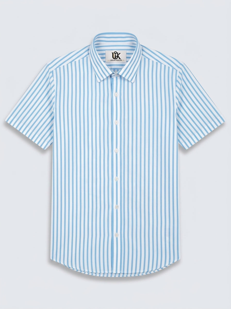 Men's Light Sky Blue & White Vertical Striped Regular Fit Formal Shirt | Full & Half Sleeve