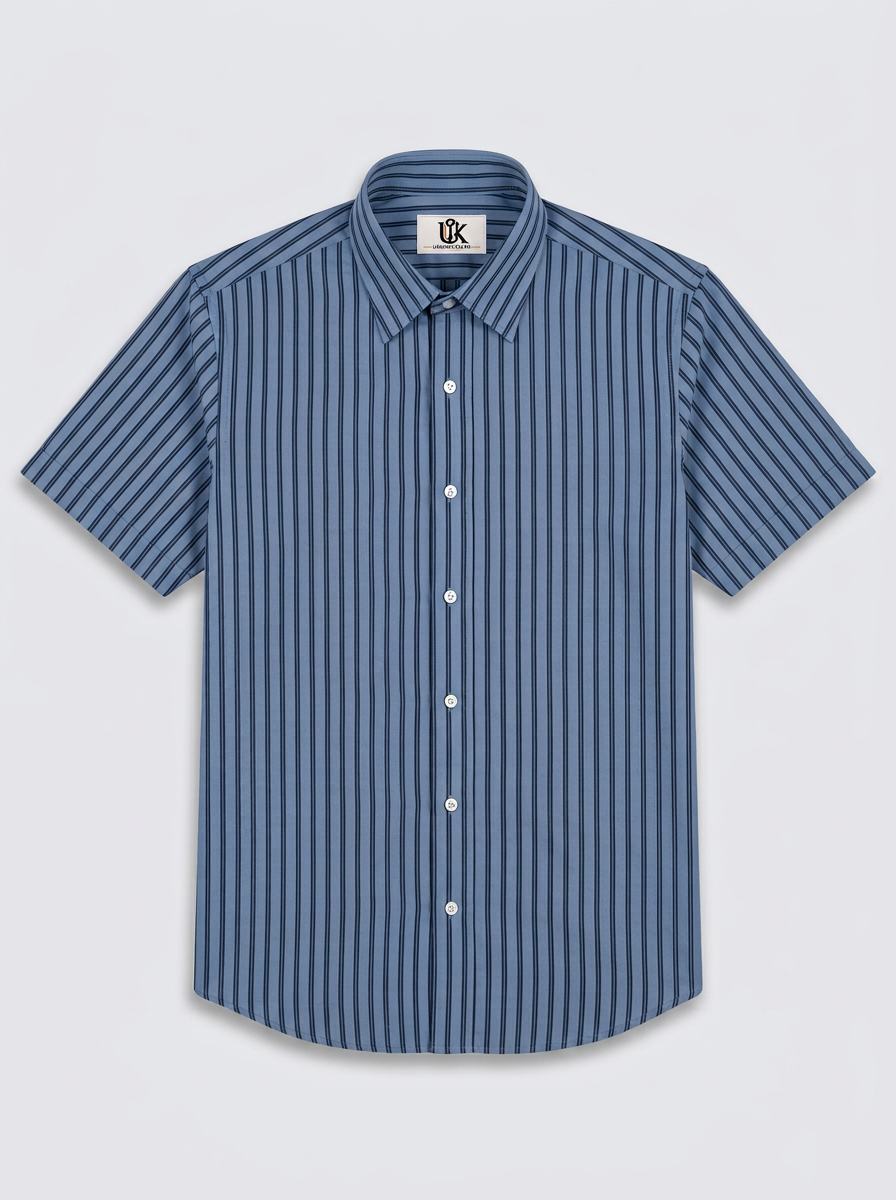 Men's Steel Blue & Navy Vertical Striped Regular Fit Formal Shirt | Full & Half Sleeve