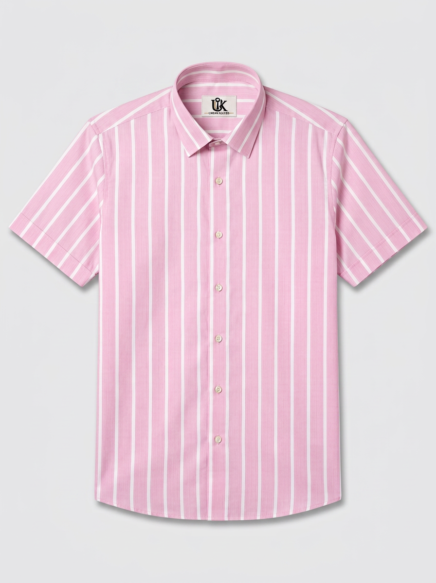 Men’s Pink & White Vertical Striped Regular Fit Formal Casual Shirt, Full & Half Sleeve