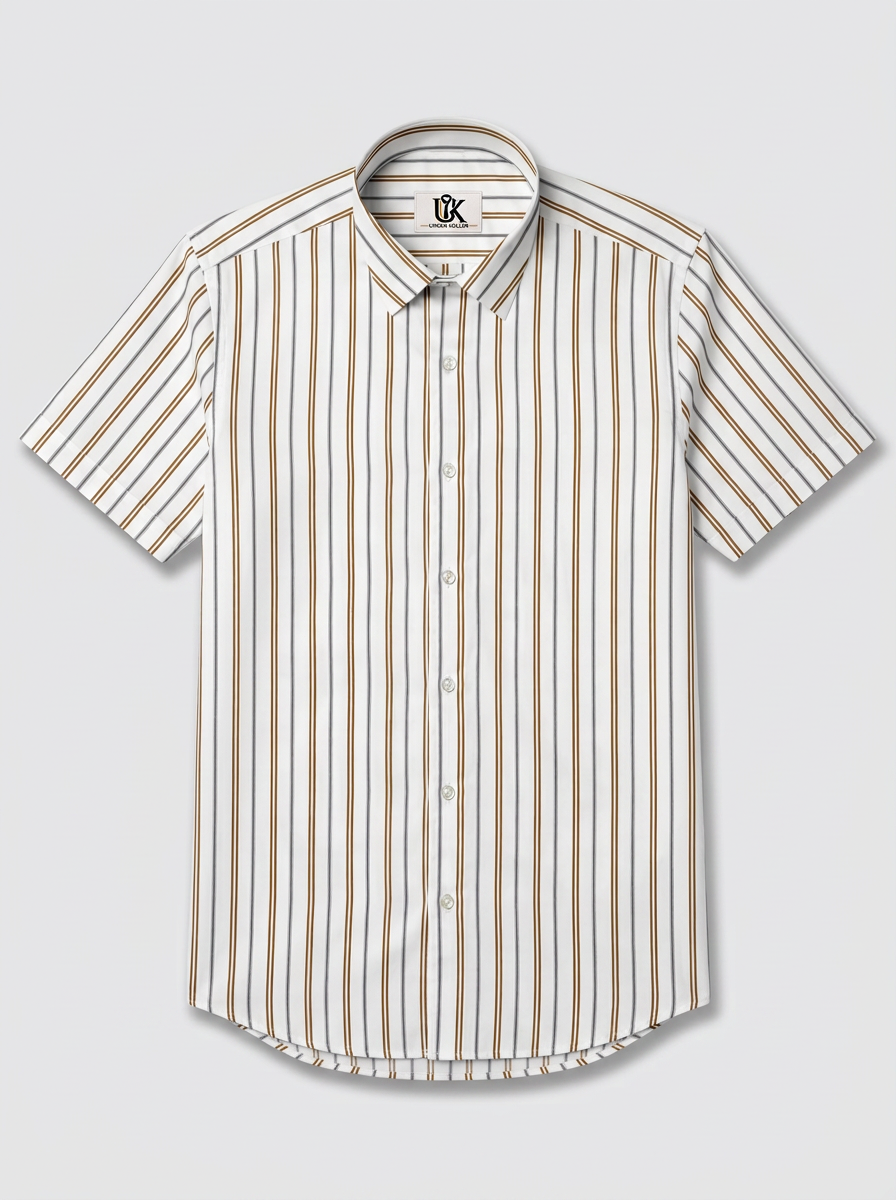 Men's White Brown & Grey Striped Regular Fit Formal Shirt | Full & Half Sleeve