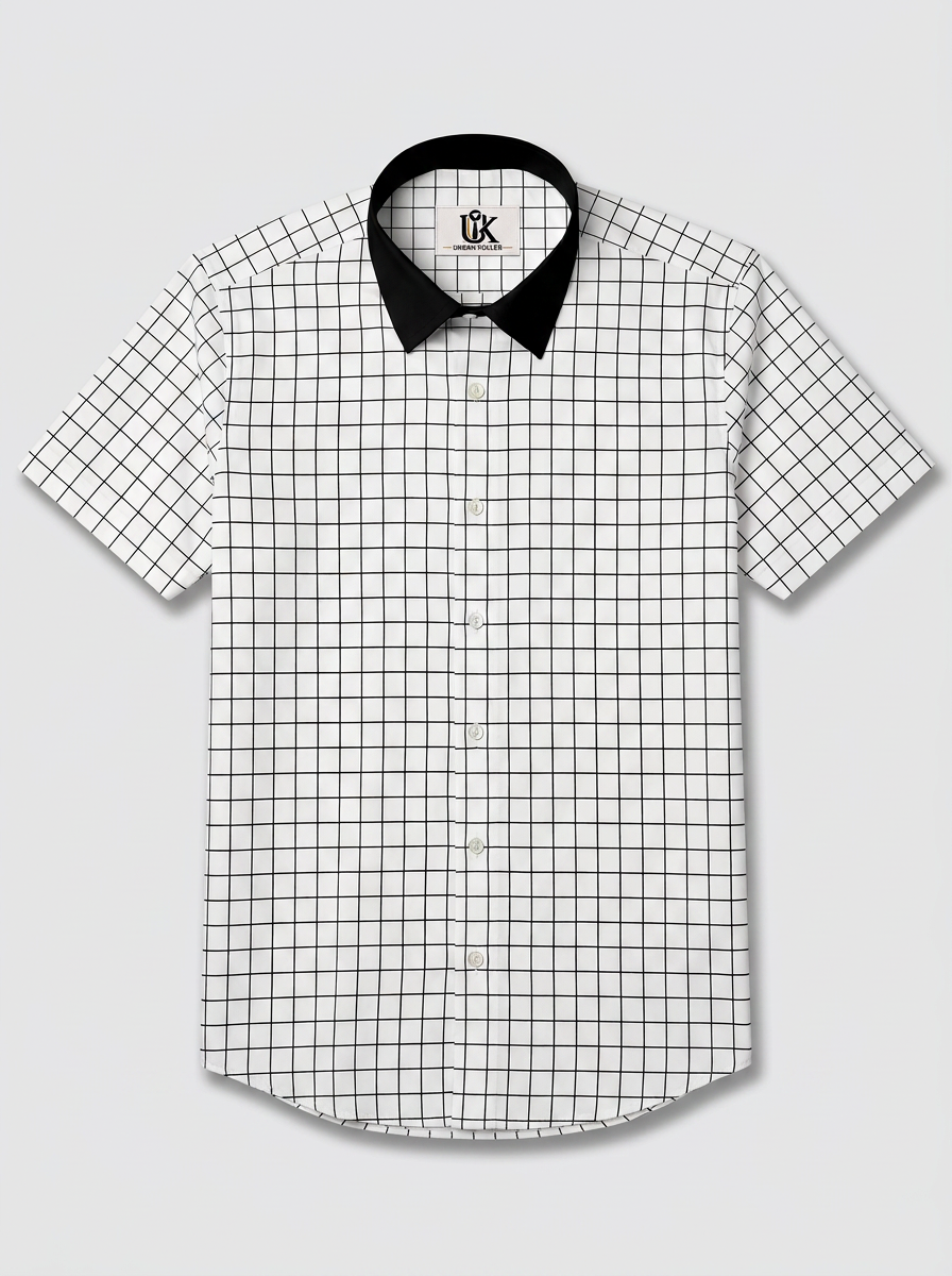 Men's White Black Windowpane Check Shirt Regular Fit Premium Formal Casual Wear
