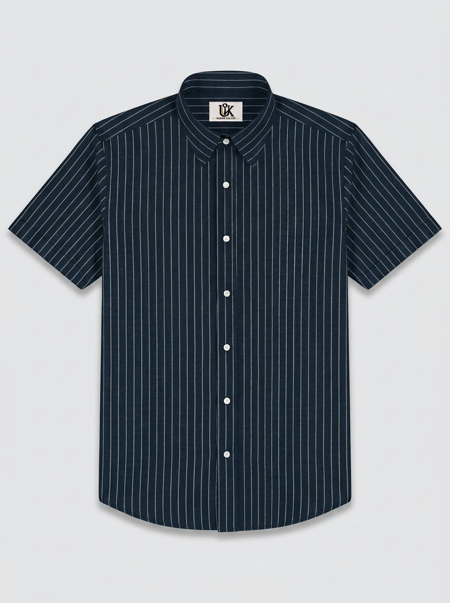 Men's Navy Blue Pinstripe Regular Fit Formal Shirt | Full & Half Sleeve