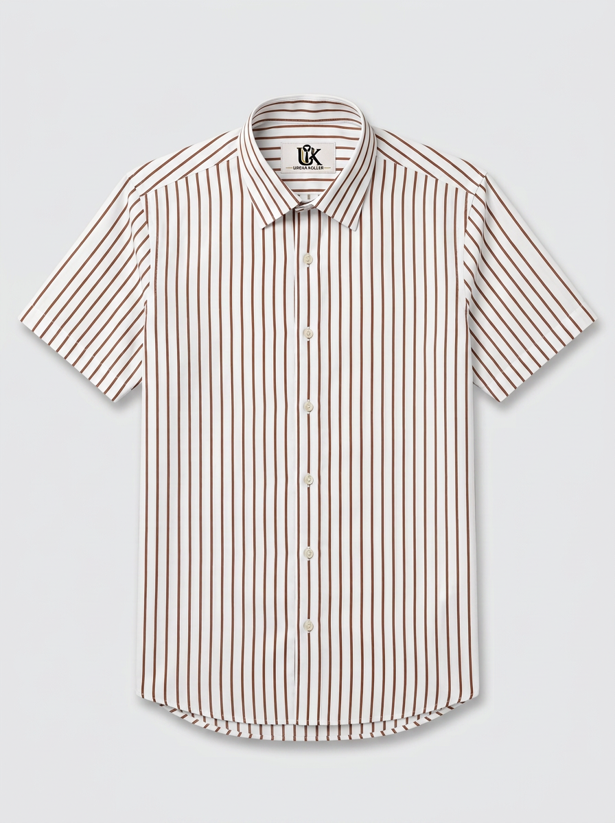 Men’s White & Brown Vertical Stripe Regular Fit Formal Casual Shirt, Full & Half Sleeve