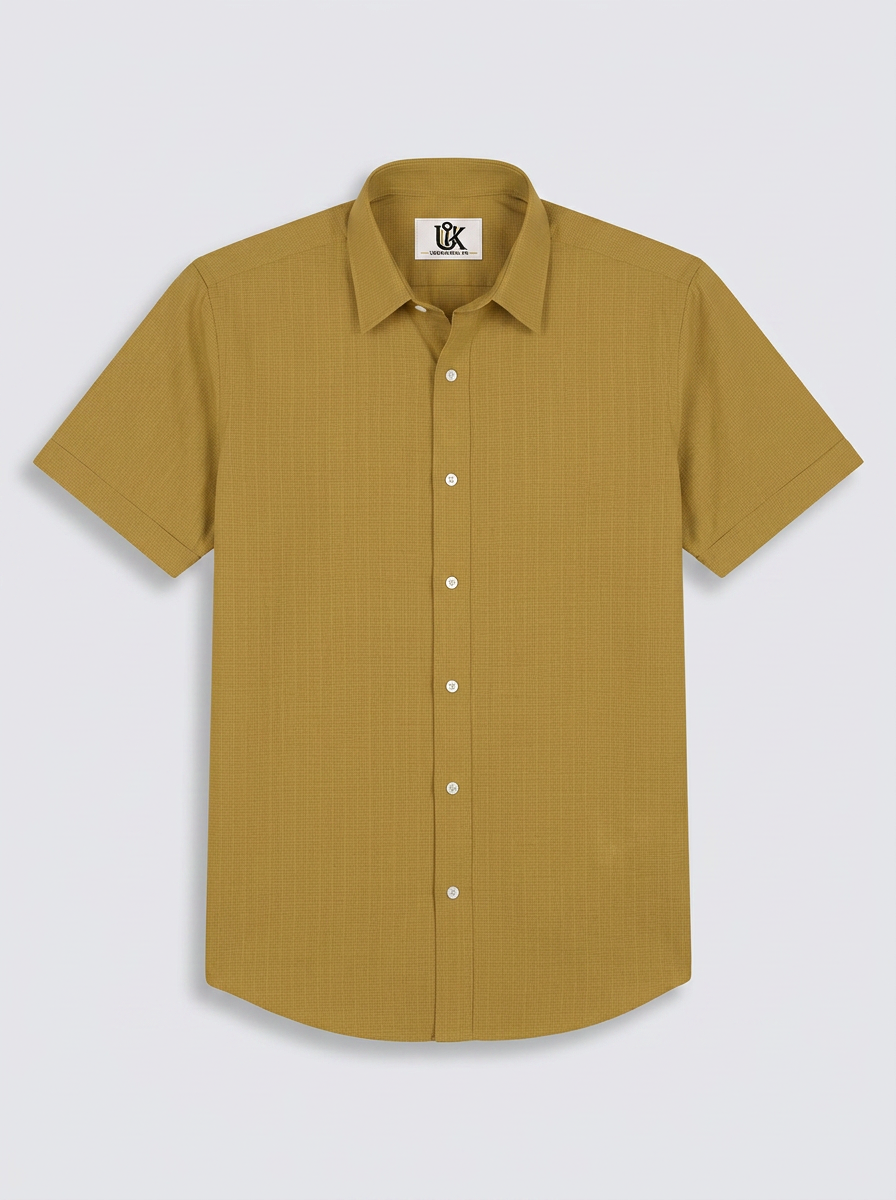 Men’s Antique Mustard Gold Textured Regular Fit Formal Casual Shirt, Full & Half Sleeve