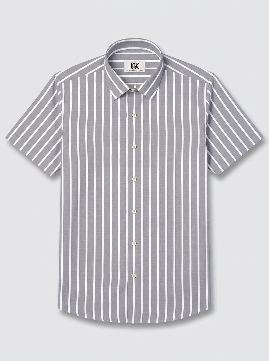 Men's Grey & White Vertical Striped Regular Fit Formal Shirt | Full & Half Sleeve