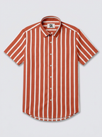 Men's Rust Orange & White Striped Regular Fit Formal Shirt | Full & Half Sleeve