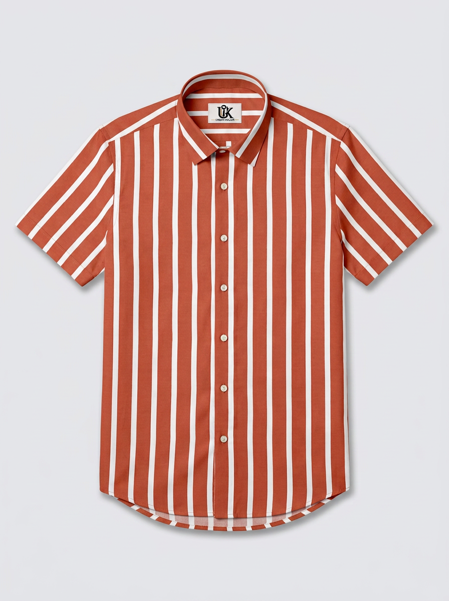 Men's Rust Orange & White Striped Regular Fit Formal Shirt | Full & Half Sleeve