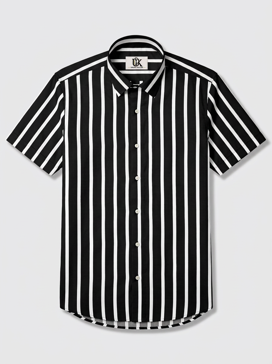 Men's Black & White Striped Regular Fit Formal Shirt | Full & Half Sleeve