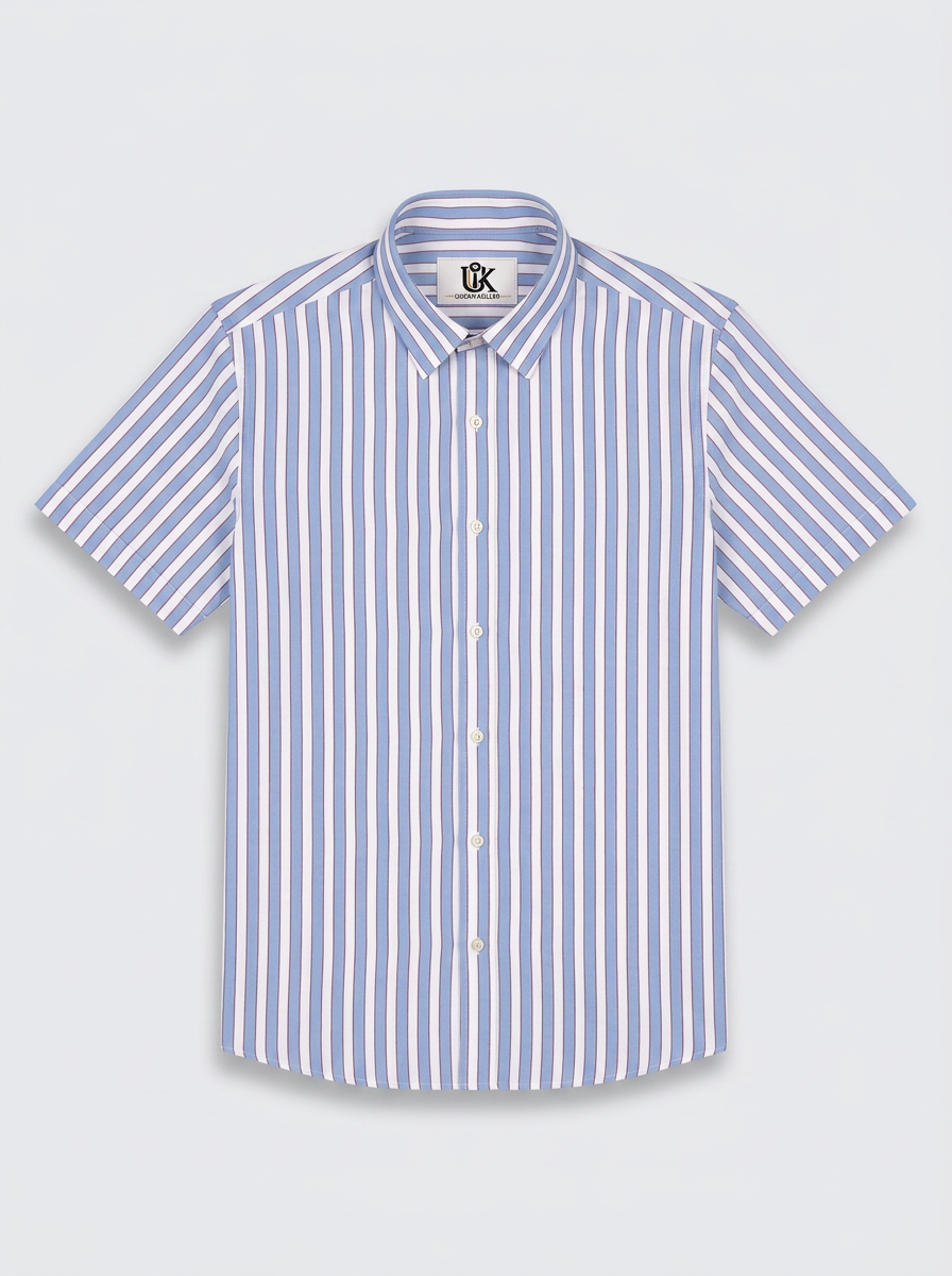 Men's Sky Blue & White Vertical Striped Regular Fit Formal Shirt | Full & Half Sleeve