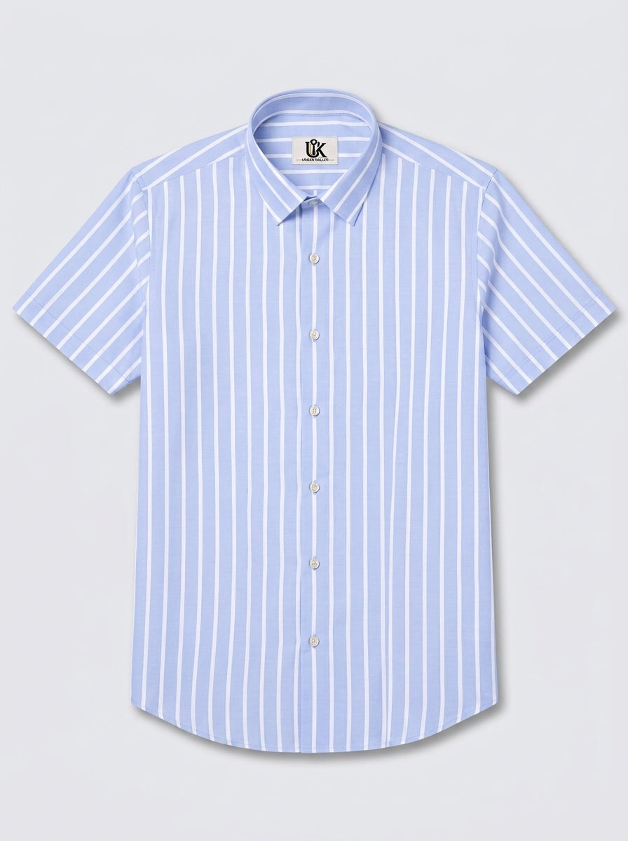 Men's Sky Blue & White Vertical Striped Regular Fit Formal Shirt | Full & Half Sleeve