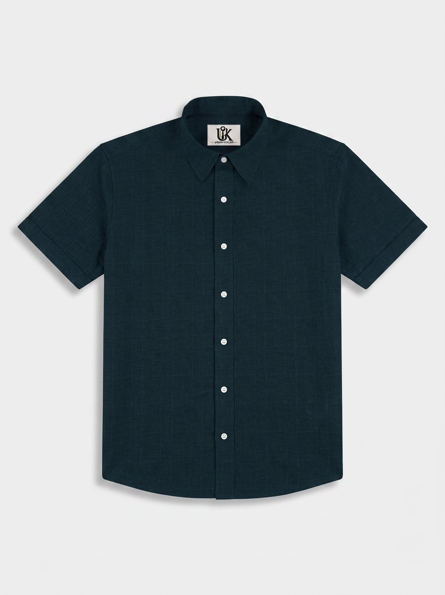 Men’s Deep Teal Blue Textured Regular Fit Formal Casual Shirt, Full & Half Sleeve