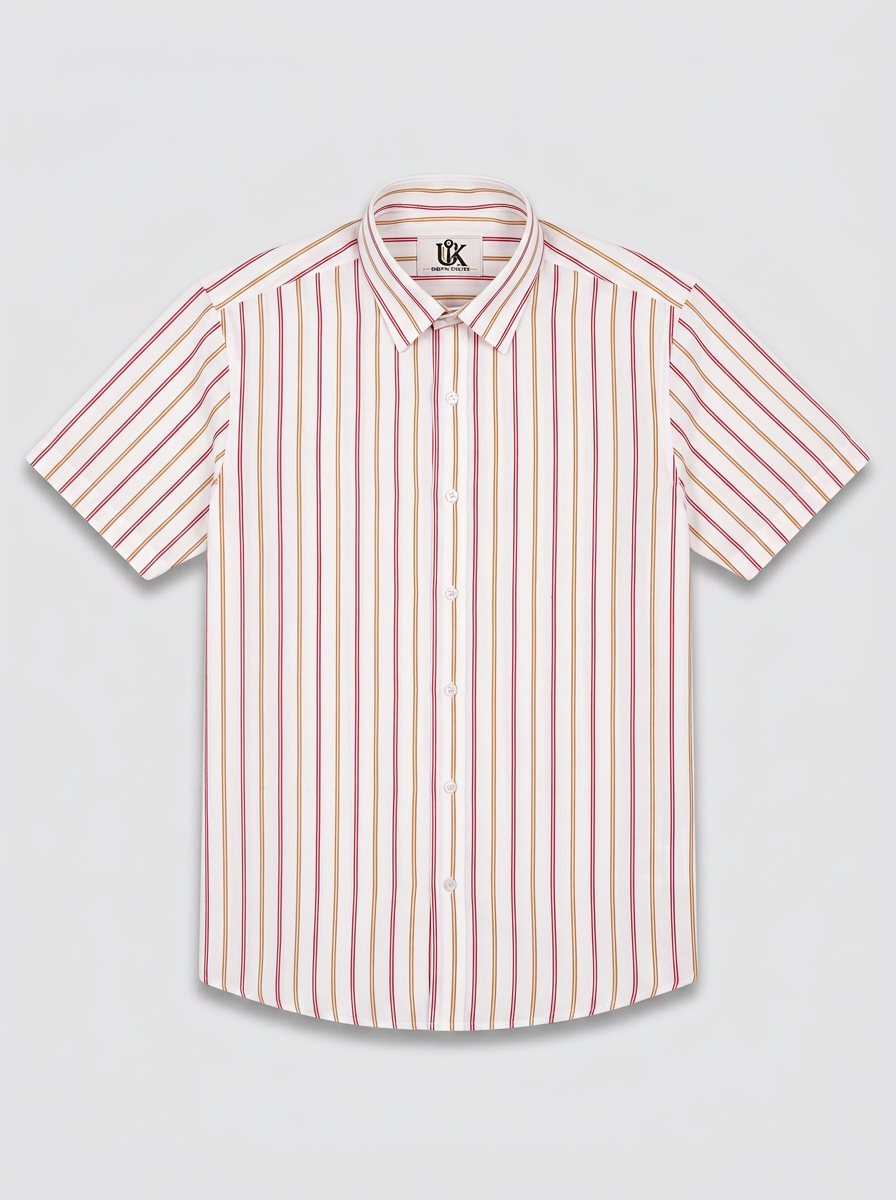 Men's White Red & Mustard Striped Regular Fit Formal Shirt | Full & Half Sleeve