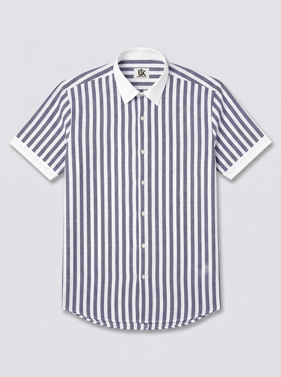 Men's Navy Blue White Bold Stripe Formal Shirt Regular Fit Premium Casual Wear