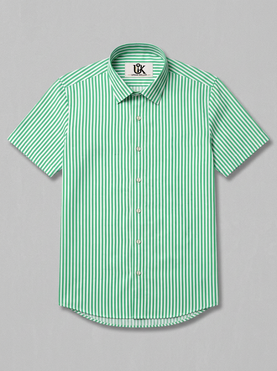 Men's Green & White Vertical Striped Regular Fit Formal Shirt | Full & Half Sleeve